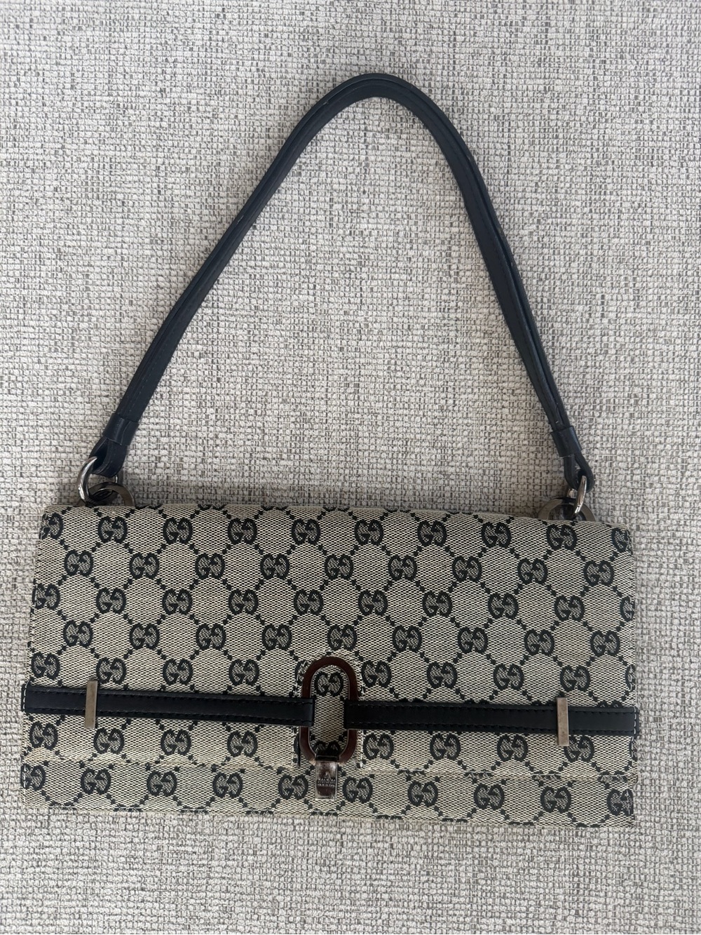 Gucci Beige GG Supreme Canvas Shoulder Bag with Black Trim